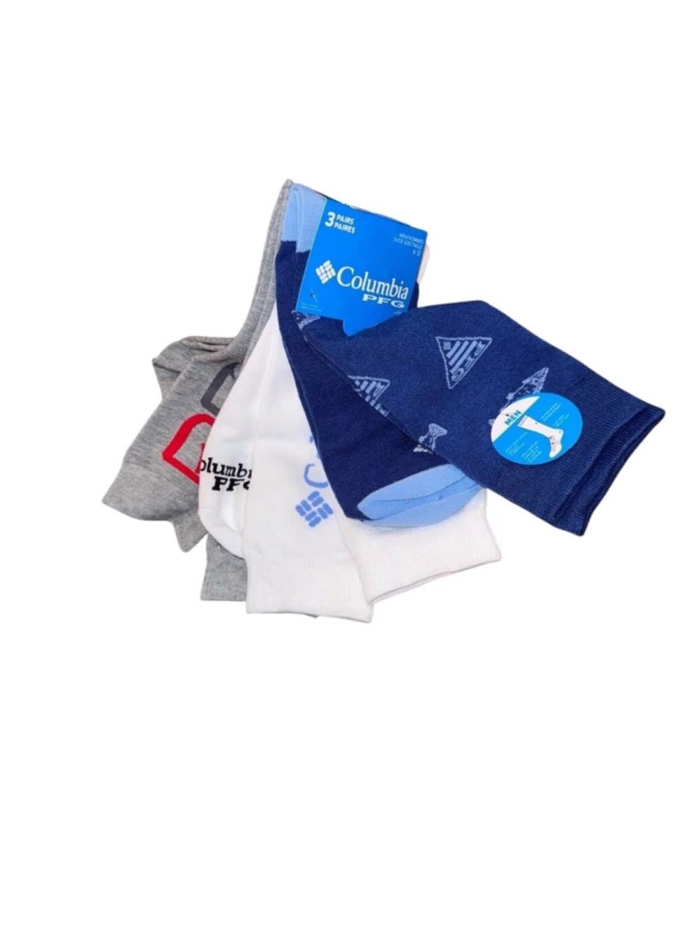 Men's Columbia PFG Socks 3 Pack Crew Blue White Grey One Size